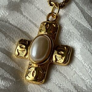 Gold Chanel Pearl Cross Necklace